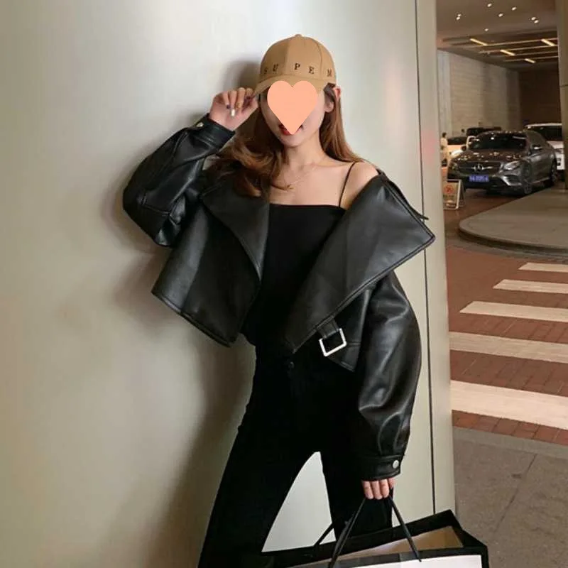 Women Short  Leather Coat Fall 2022 American Retro Loose Leather Cardigan Jacket Cool Girl Hip Pop Leather Jacket  Zippers  Y2K