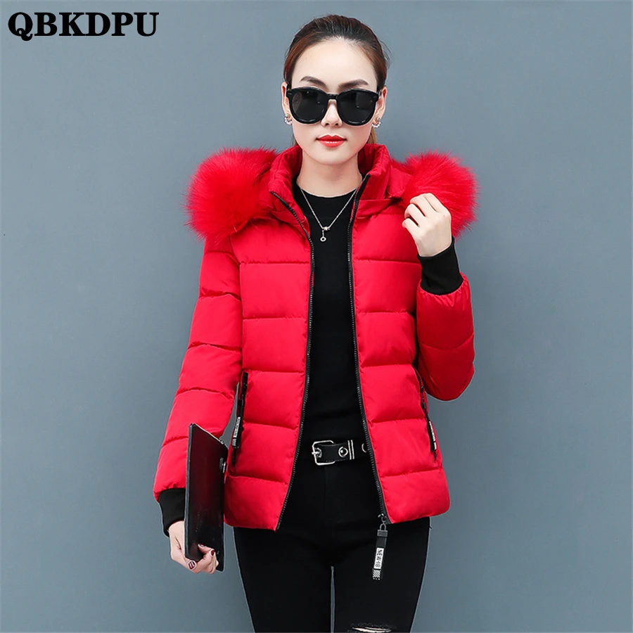 Winter Fur Collar Hooded Crop Jacket Oversize 4XL Women Cotton Padded Coat Thick Warm Outwear Basic Solid Parka Casual Manteau