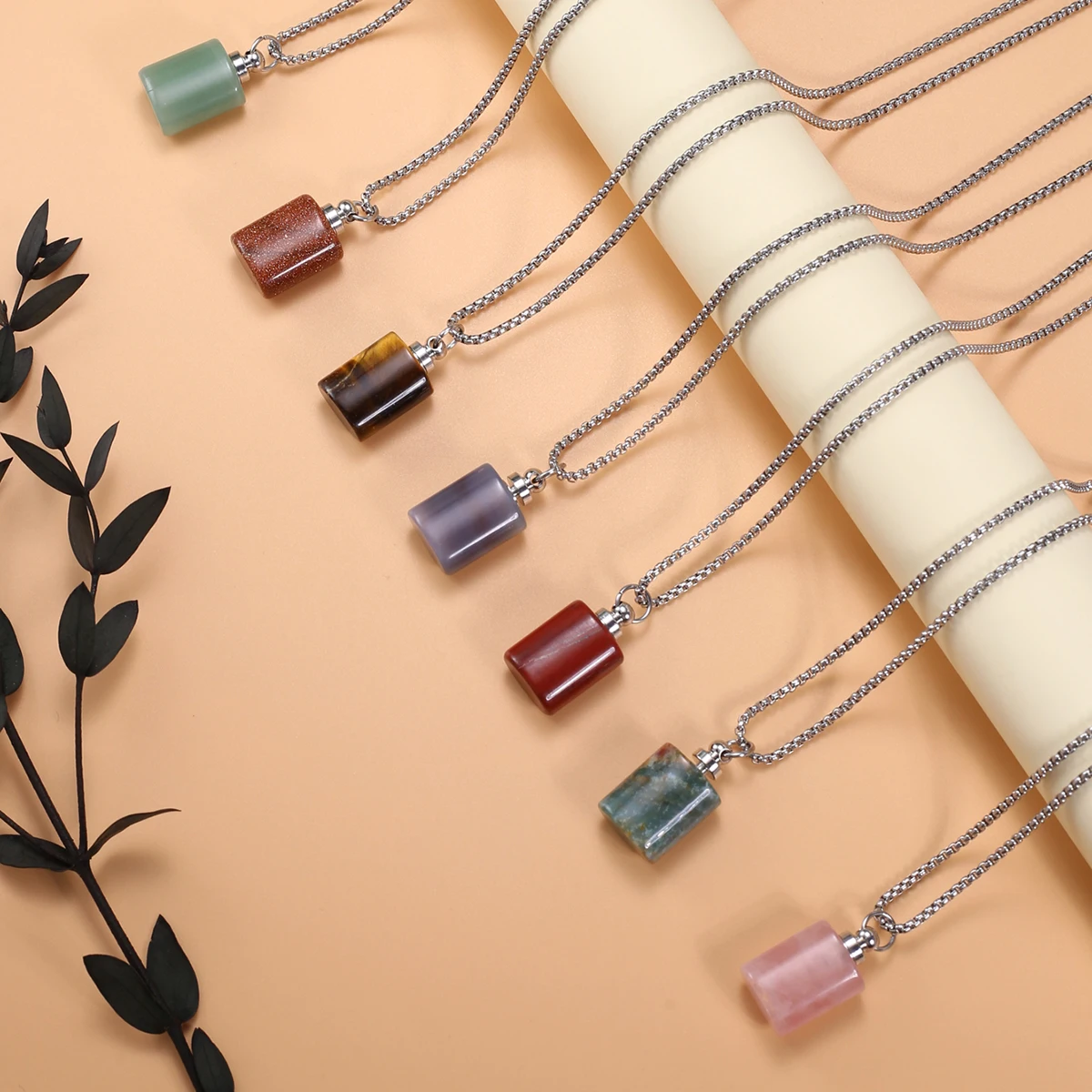 

Natural Stone Perfume Bottle Necklace Simple Rose Quartzs Stainless Steel Chain for Women Necklace Jewelry Party Gifts
