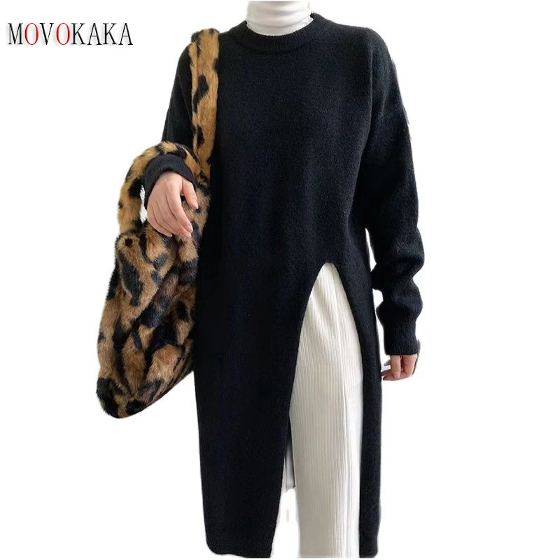 

MOVOKAKA Autumn Winter Women Dress Split Sweater Women Long Sleeve Knitted Dresses Maxi Elegant Oversize Dresses Black Pullovers