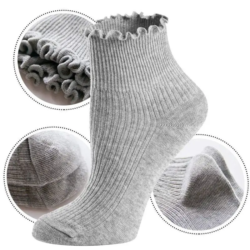 6 Pairs Womens Retro Socks Ruffle Turn-Cuff Casual Plain Ankle Socks Kawaii Cool Thin Cotton Knit Lettuce Low Cut Frilly Sock
