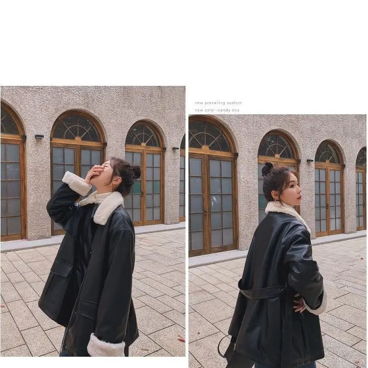 Leather Coat Women's Locomotive Style Autumn and Winter Warm Coat, Thickened and Cashmere, Vintage Black Leather Jacket