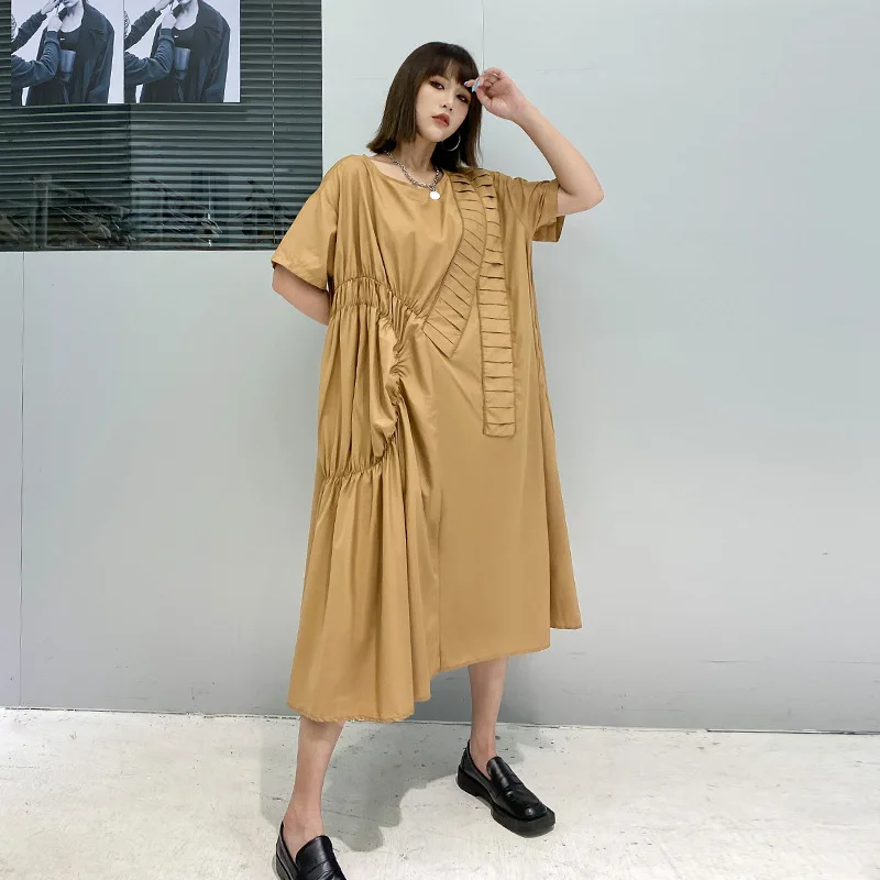 

French Style Vintage Short Sleeve O-neck Spliced Solid Color Long Dress 2022 Summer Women Streetwear Japan Big Size Dresses 6213
