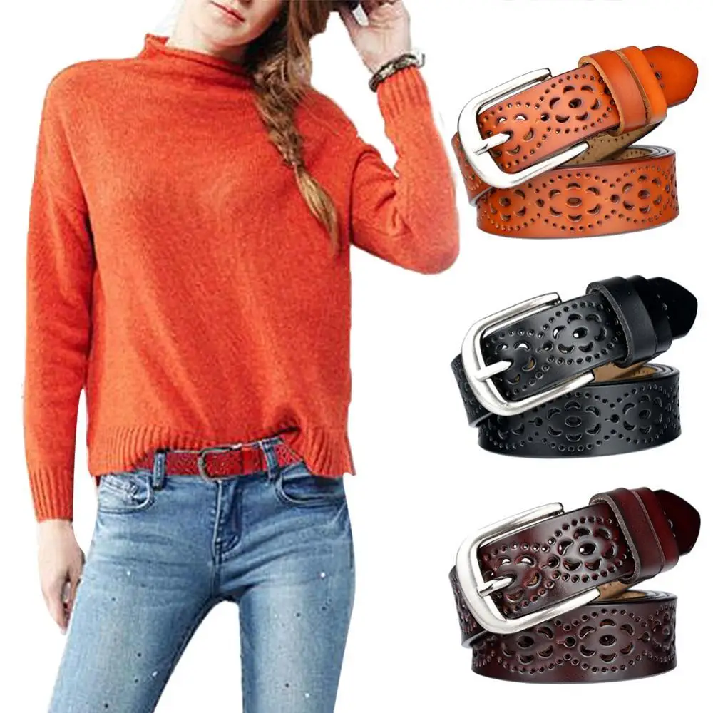 

Stylish Women Solid Color Faux Leather Hollow Moon Pin Buckle Waist Belt Strap