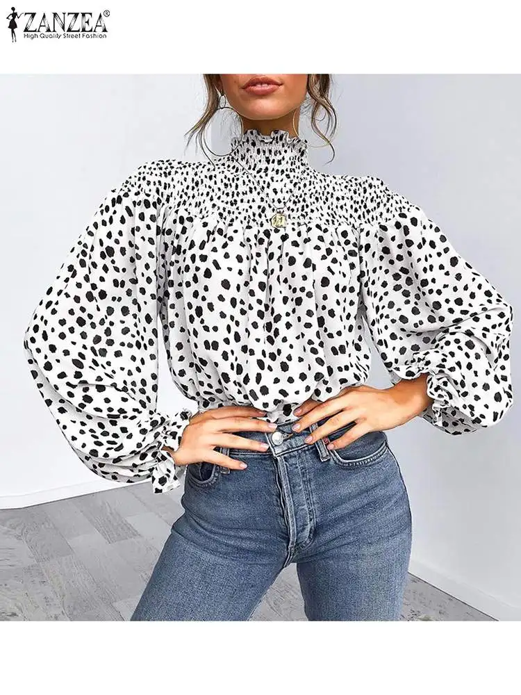 

2022 Модные женские рубашки с принтом Элегантная блузка ZANZEA весенние топы с длинным рукавом Повседневная Праздничная водолазка мешковатые к...