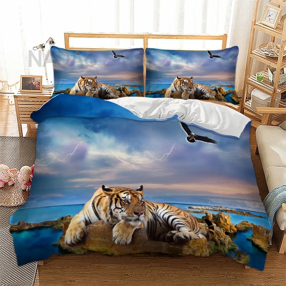 

Tiger Bedding Set 3D Print Duvet Cover with Pillowcase Blue Ocean Nature View Quilt Cover Twin Queen King Size Bedclothes 3pc