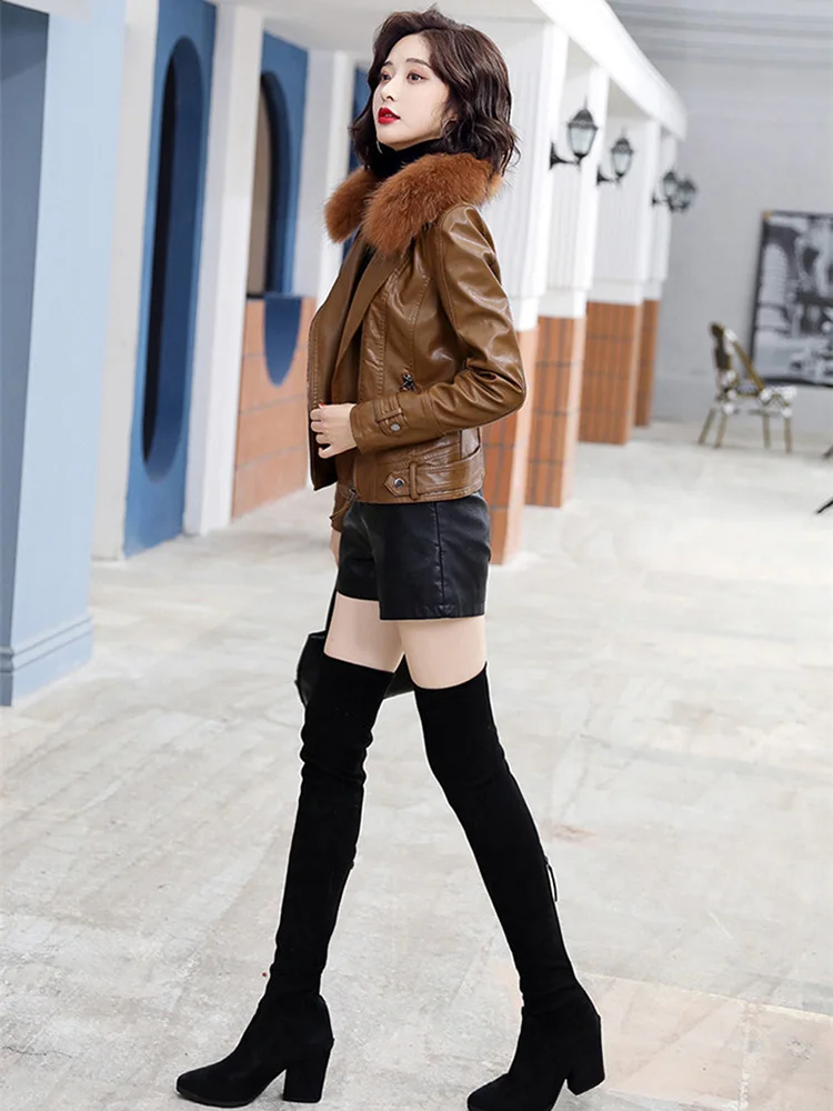 New Women Sheepskin Jacket Autumn Winter Fashion Fox Fur Collar Plus Velvet Lining Thick Warm Leather Biker Jacket Split Leather