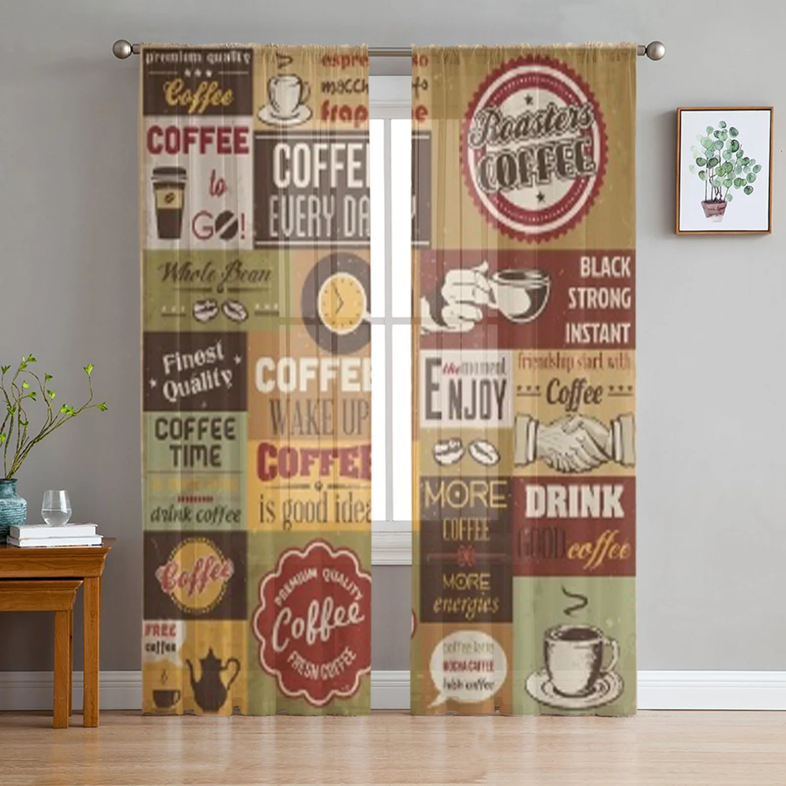 

Collection Of Coffee Design Elements Tulle Sheer Curtains for Living Room Bedroom Kitchen Decoration Voile Organza Curtains