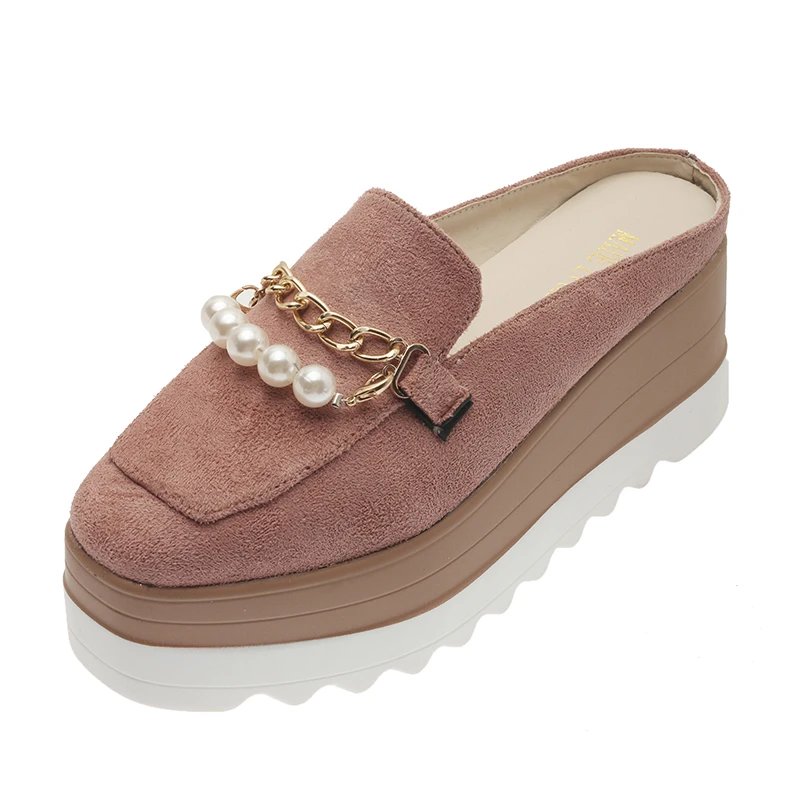 

2023 Women Leather Slipper High Platform Wedges Pumps Fashion Thick Bottom Metal Chain Casual Shoes Woman Size 42 women shoes