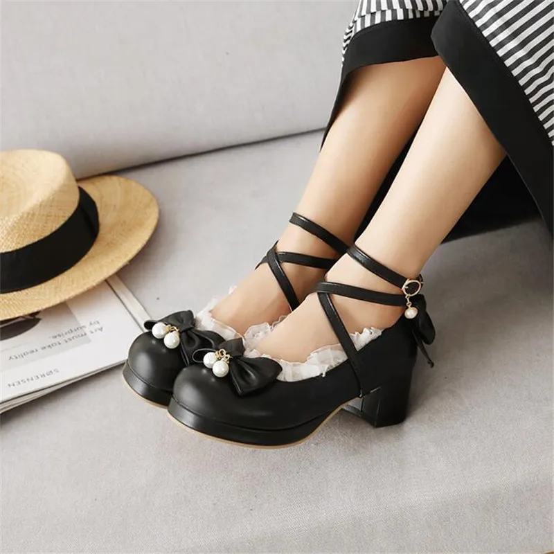 Sweet Lolita Shoes Kids 2022 New Sutumn Bow High Heel Uniform 5CM Pearl Bow Block Heel Cross Buckle cute lolita Banquet Shoes