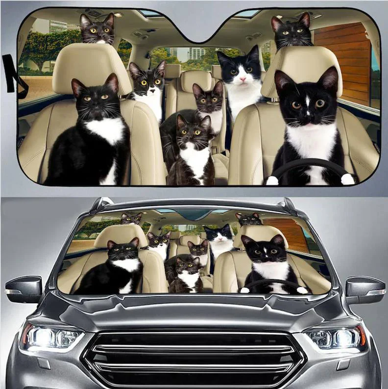 

tuxedo cat car sun shade, tuxedo cat windshield, tuxedo cat family sunshade, cat car accessories, car decoration, gift for dad,