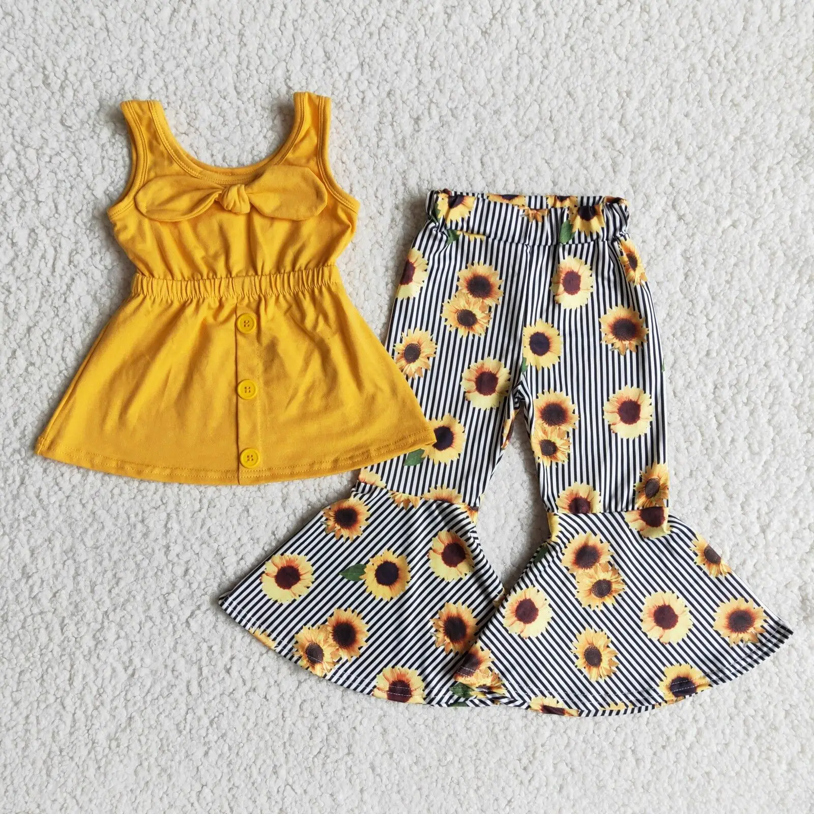 

RTS Baby Girl Yellow Bow tie Sleeveless Top Sunflower Stripe Bell Pants Children Boutique Outfits Clothes