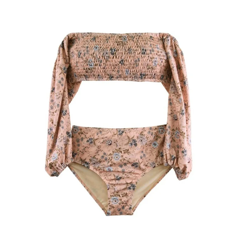 

Half Sleeve Split Swimsuit Floral Small Fresh Ladies High Waist Cover Belly Slim Bikini Swimsuit Hot Spring 2 Piece Set Women