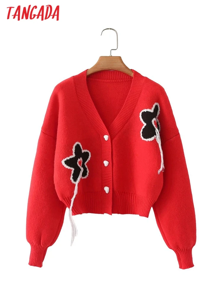 

Tangada Women Elegant Red Flowers Cardigan Vintage Jumper 2022 Female Crop Knitted Cardigan 4T44