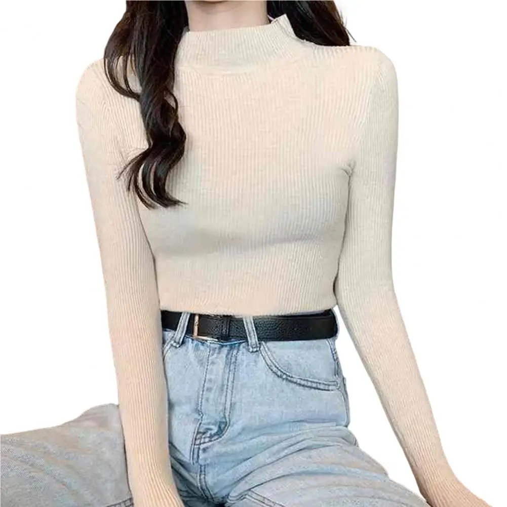 

Knitwear Top Women Blouse Winter Half High Collar Long Sleeve Ribbed Elastic Bottoming Solid Color Slim Warm Pullover Knitwear