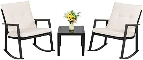 

Pieces Rocking Bistro Set Wicker Outdoor Porch Chairs of 2 Outdoor Rattan Chair Conversation Sets with Glass Coffee Table (Be