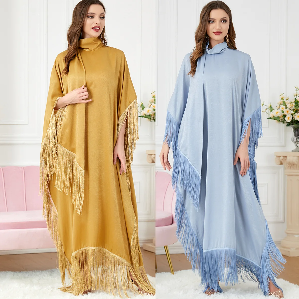 

Abaya Muslim Women Tassel Batwing Sleeve Dress Turtleneck Casual Loose Oversized Irregular Hem Robe Moroccan Caftan Ramadan