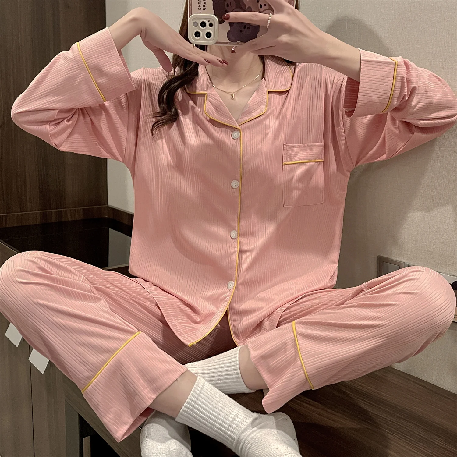 CAIYIER Pajamas For Women Solid Color Long Sleeve Trousers Nightwear Two Piece Set Sprint Winter Female Home Wear Loungewear