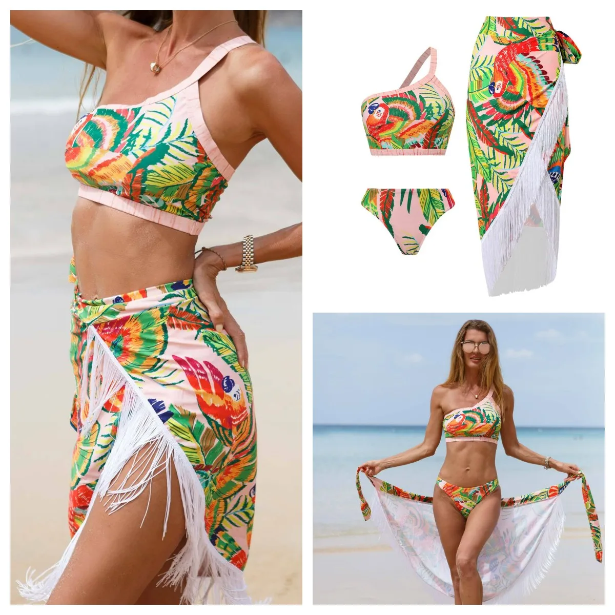 

Vintage Women Bikini Set Swimsuit Designer Bathing Suit Tassel Birds Print Beach Dress Cover Up Luxury Swimwear Summer Beachwear