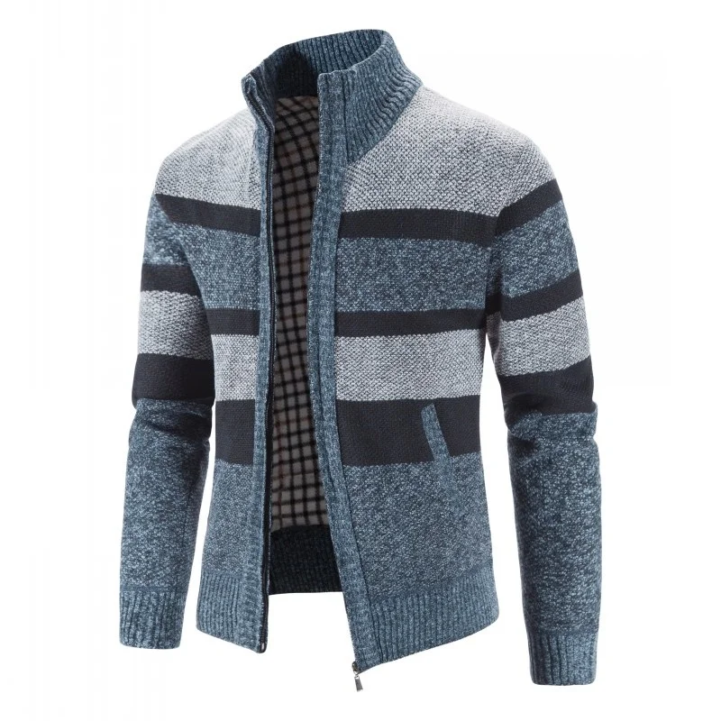 

Autumn Winter Cardigan Sweater Men Stand Collar Striped Plaid Colorblock Thick Warm Sweaters Fashion Casual Knitwear Male 3XL