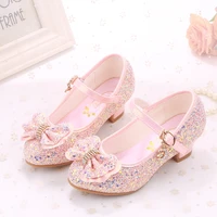 new girls leather shoes 8 years fashion korean children princess high heeled sequin soft kids bow dance party sparkly shoe