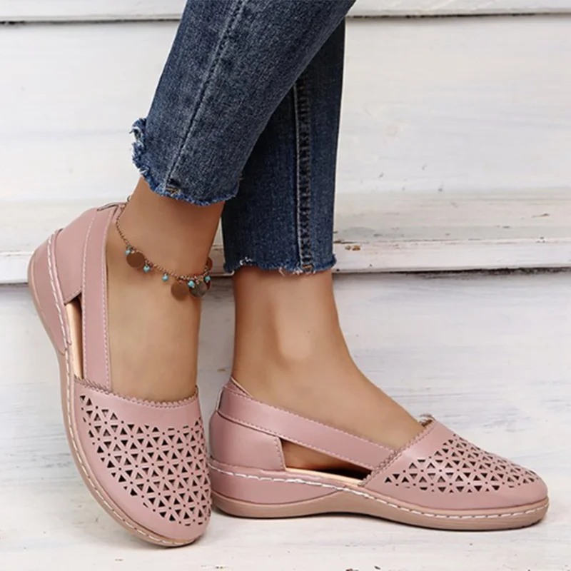 

Hollow Out Flats Women Lucyever Retro Pu Leather Spring Summer Thick Sole Wedges Shoes Woman Comfy Slip Casual Large Size Shoes