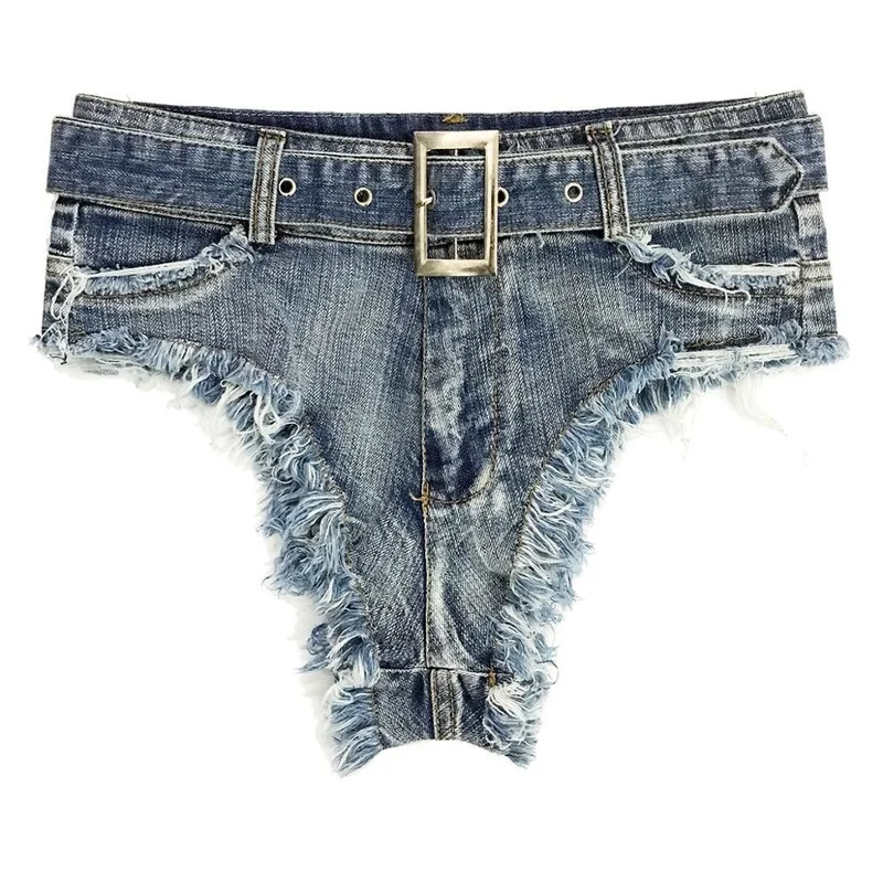 Summer Fashion Denim Hot Shorts Sexy Women Beach Ultra Low Waist Club Shorts with Belt Female Hole Mini Micro Denim Jeans Shorts