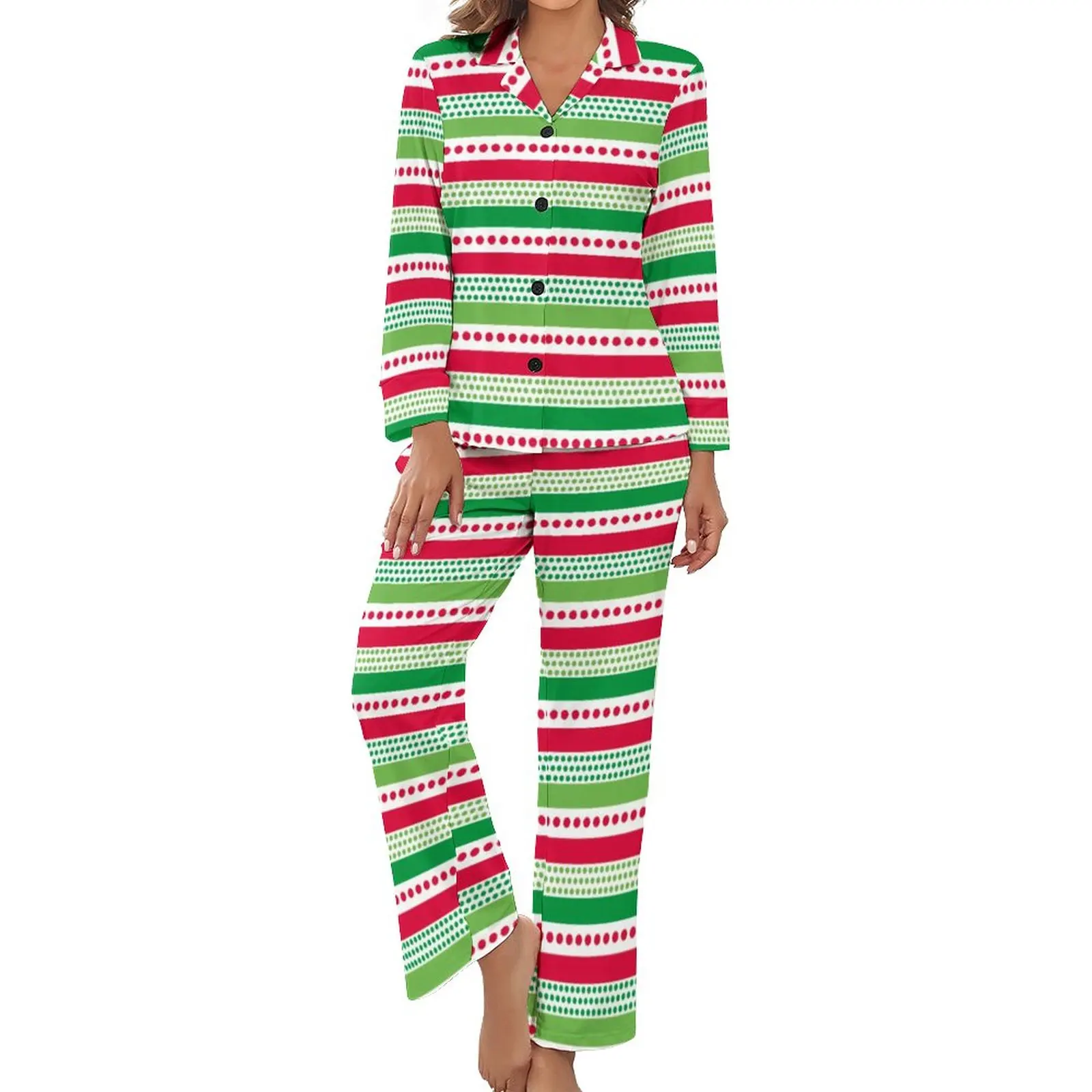 

Пижама женская, в полоску, с рождественским принтом, весенняя, с длинным рукавом, с V-образным вырезом