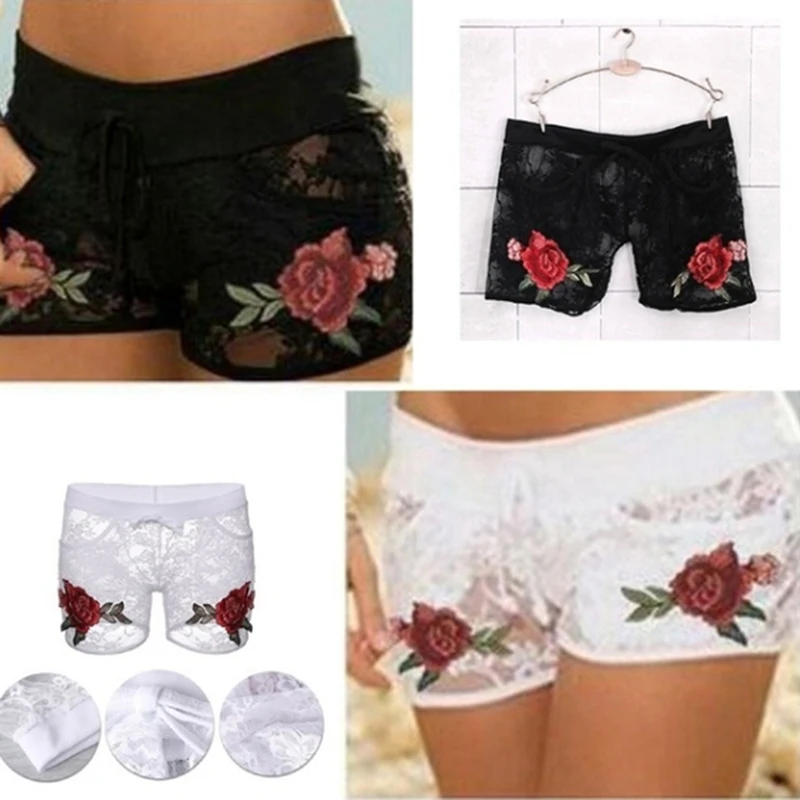 

Sexy Woman Woman Elastic Flower Shorts Flower Rose For Summer Transparent Lace Hollow Flower Print Shorts