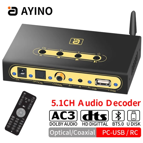DA720 5.1CH аудио декодер беспроводной Bluetooth 5,0 приемник DTS AC3 адаптер оптический коаксиальный U Play PC-USB конвертер пульт дистанционного управления