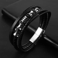 black multilayer stainless steel genuine leather men bracelet braided cowhide magnetic closure wrist bangles pulseira masculina