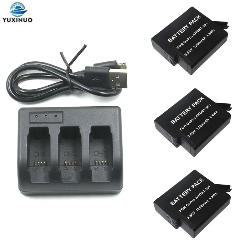 

3.8V 1250mAh AHDBT-501 AHDBT601/501 Battery + 3 Ports USB Charger for GoPro Hero 7 6 5 Hero7 Black Hero6 Hero5 Action Camera