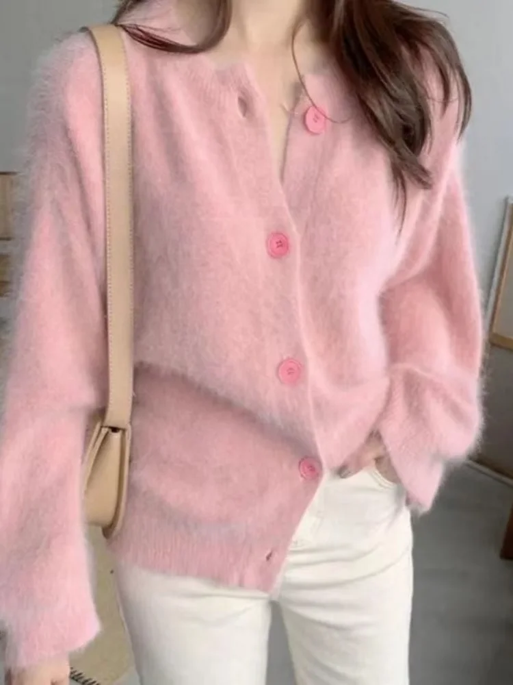 

Hsa Mohair Sweater Women Cardigans 2022 Winter V-neck Soft Knitted Tops Outwear solid White Pink Casual Woman Knitwear Sweaters