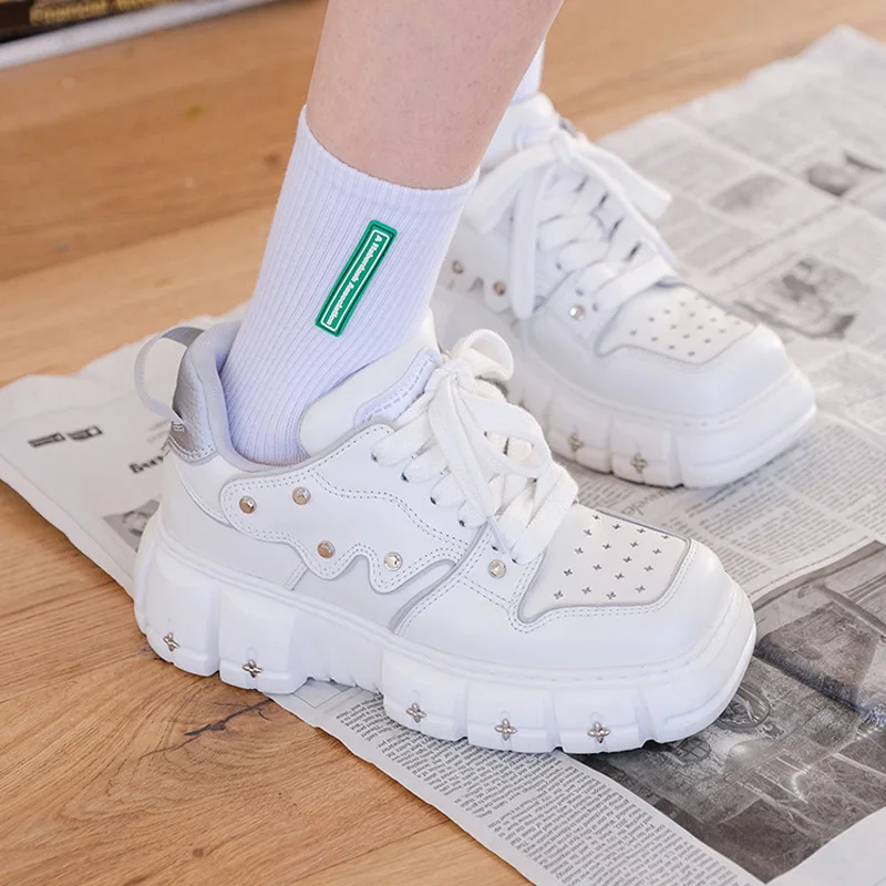 Spring Square Toe Show Feet Small Casual Women's Thick Bottom Increased Skateboard Shoes Butterfly Sneakers Rivet Embellished