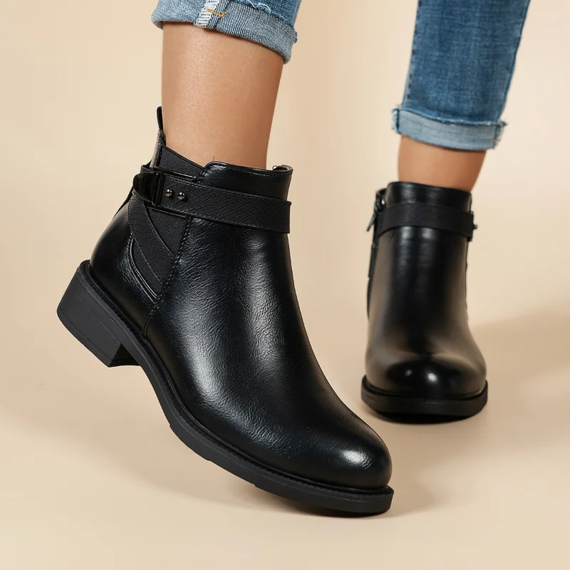 Black Ankle Boots 2022 Thick Heels Leather Women Winter Boots Fashion Casual Chelsea Boots Female Plus Size Women Platform Boots