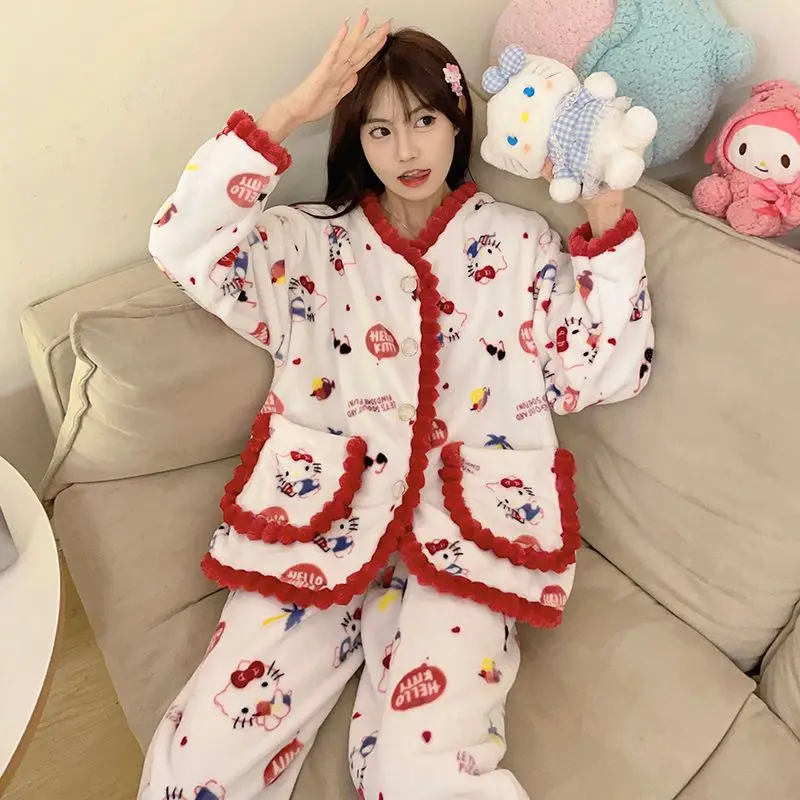 

Милые коралловые бархатные пижамы HelloKitty, Женский Зимний милый утепленный домашний костюм с подкладкой в стиле Ins