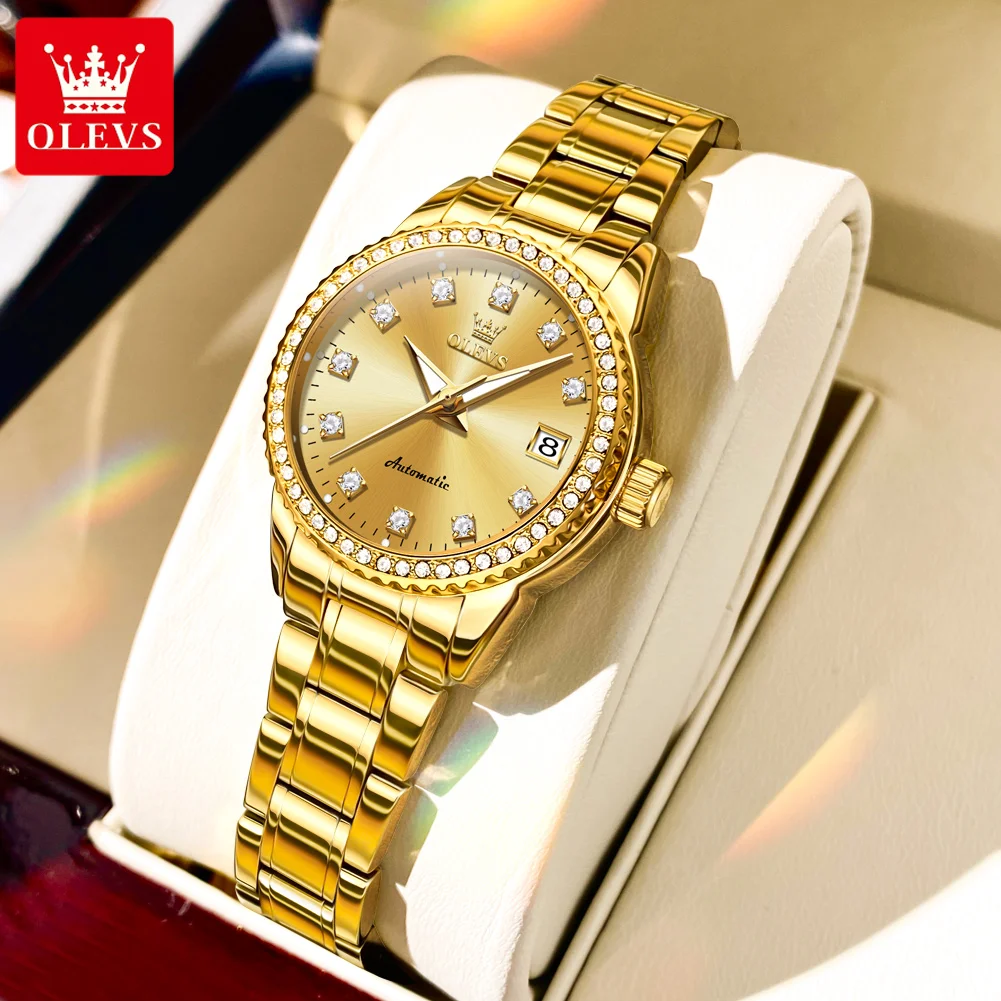 OLEVS Original New Automatic Mechanical Watch for Women Luxury Diamond Dial Fashion Elegant Ladies Dress Bracelet Wristwatches