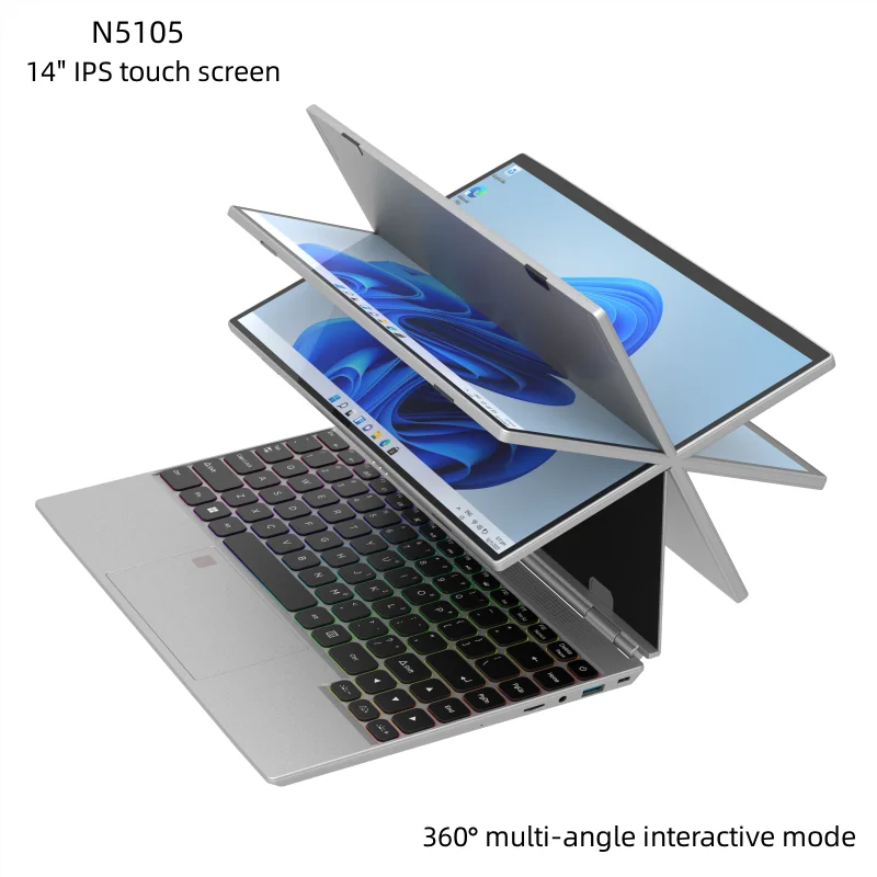 

360° Rotating 14.0'' IPS 16G 1TB Laptop Windows 10 Touch Screen N5105 Notebook 4 In 1 Tablet Business Office Slim Touch ID RGB