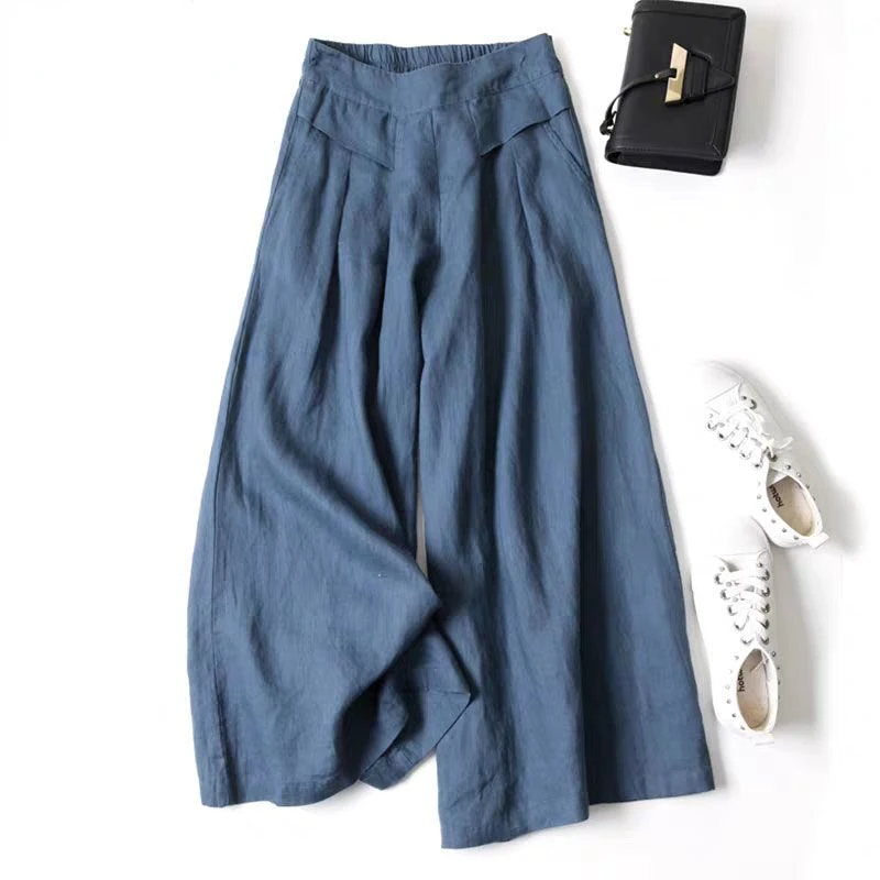 

Loose-fitting Literary Cotton and Linen Wide-leg Skirt Pants In Summer 2023 Women Elastic High Waist and Thin Cropped Pants Q858