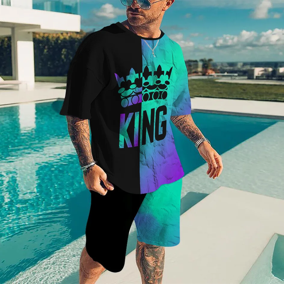 New Summer Men's T-shirt Suit KING Crown Graphic Print Outdoor Jogging Suit For Man Oversized Street Wear Two-piece Set