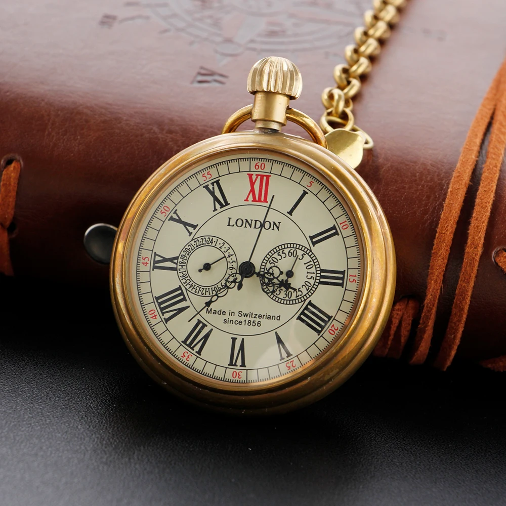 Vintage Bronze London Mechanical Pocket Watch High Quality Unisex Necklace Timing Pendant Mens and Women's Pocket Watch Renoj