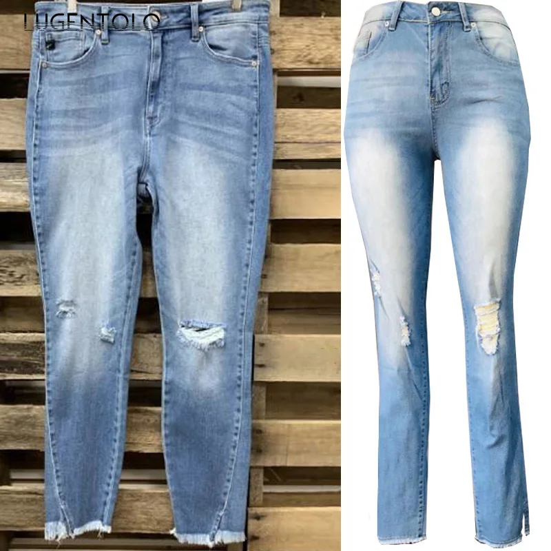 

Women Simple Knee Ripped Jeans Casual Trousers Button Female Bleached Denim Washed Versatile Long Pencil Jeans