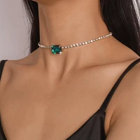 vintage green square stone crystal chain short choker necklace for women shiny rhinestone charm collar necklace christmas gift