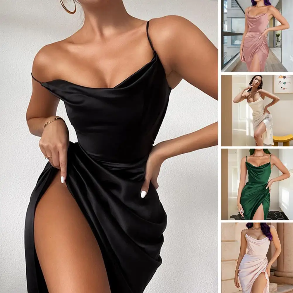 

Женское длинное атласное платье-макси с открытой спиной, без рукавов