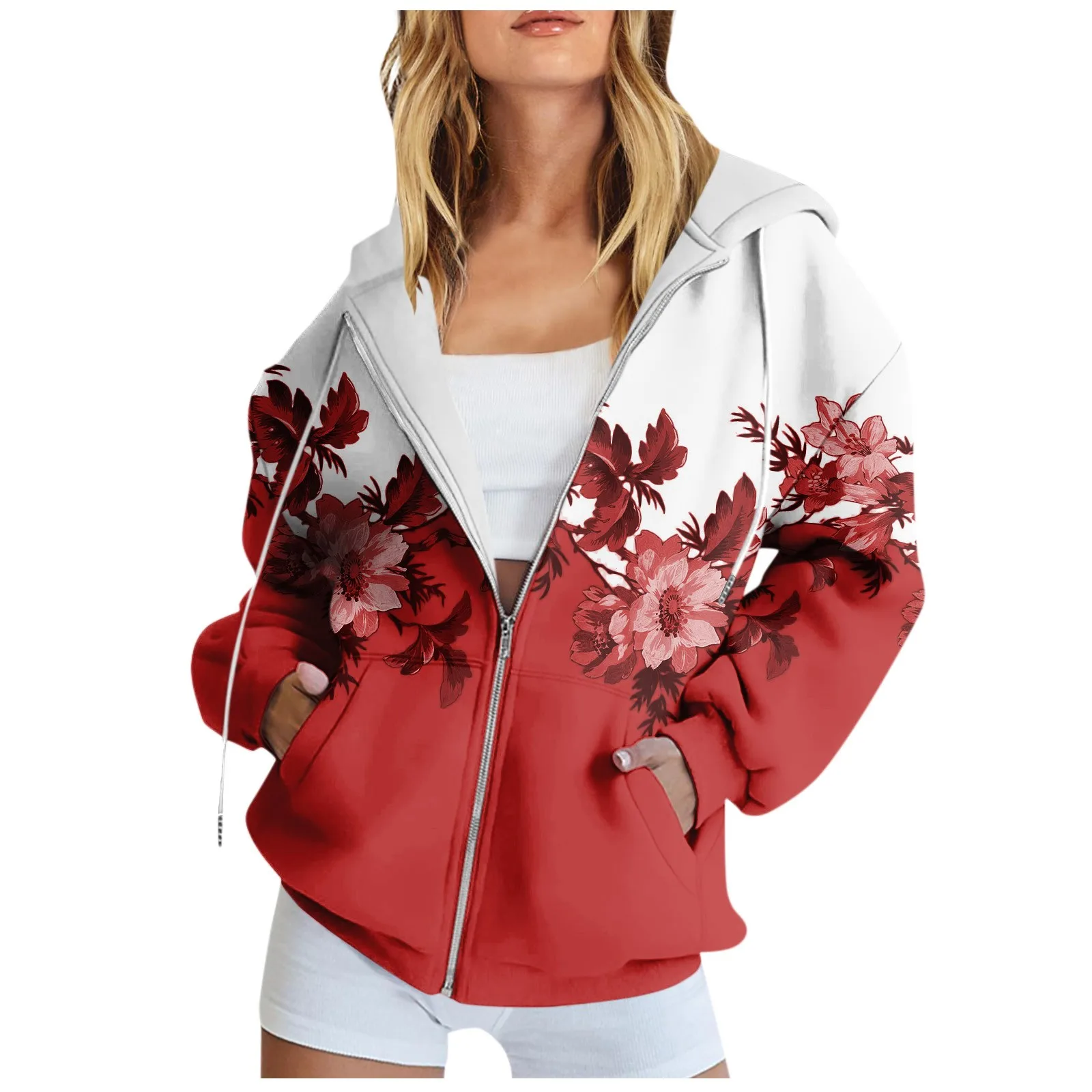 

Women'S Long Sleeve Floral Print Sweatshirt Winter Keep Warm Long Sleeve Pocket Jacket Zipper Hoodie Outcoat бомбер женский 후드티