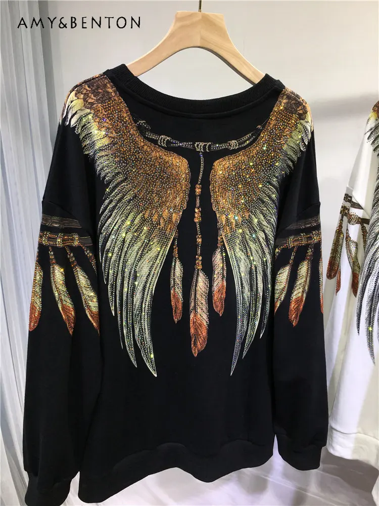 Heavy Embroidery Hot Drilling Sweatshirt for Women Eagle Back Wings Long Sleeve Loose Mid-Length Pullover Top Autumn and Winter