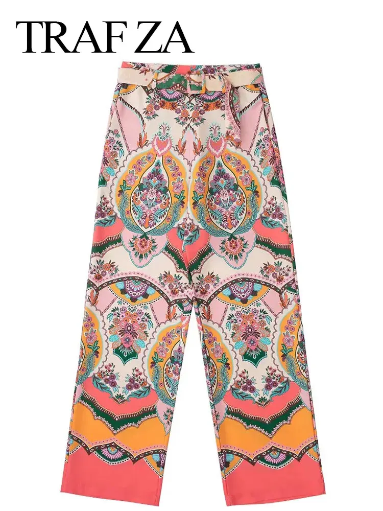 

Брюки TRAF ZA женские с разноцветным принтом, модные повседневные свободные широкие штаны, в пляжном стиле