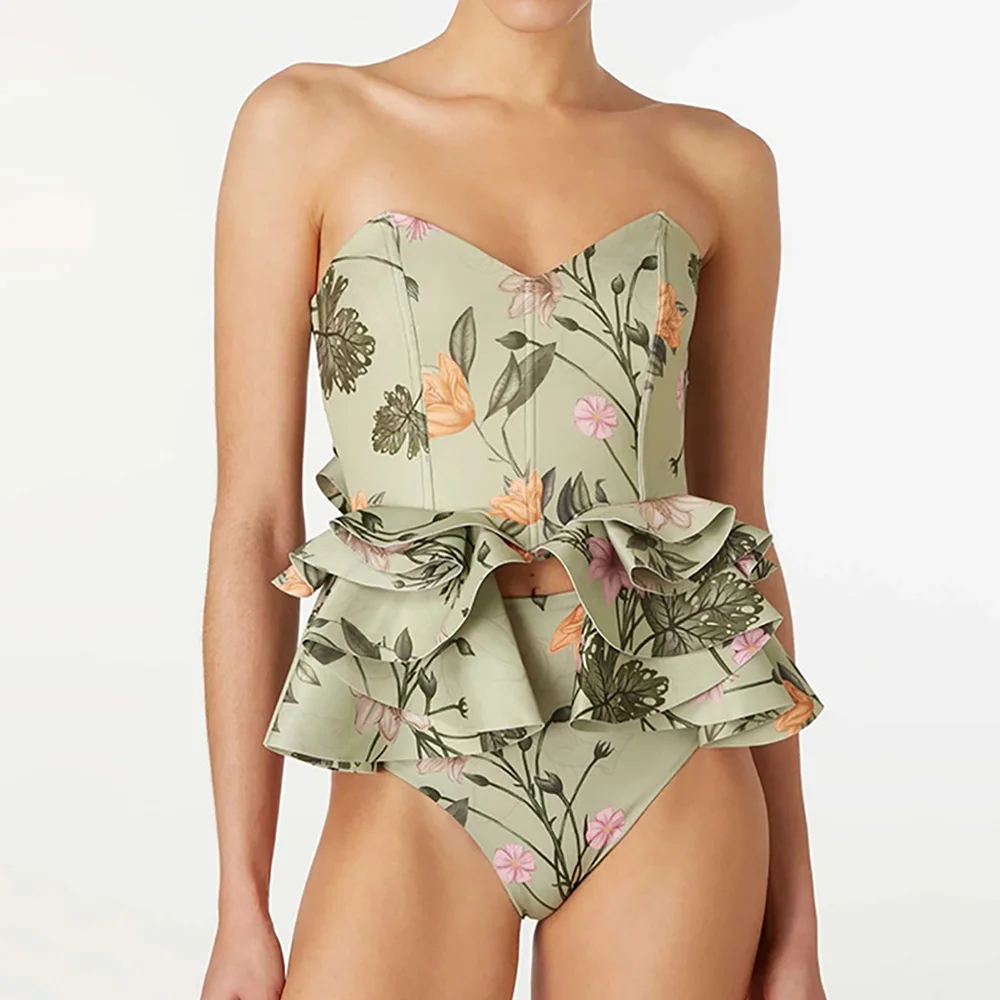 

Ruffled Floral Print Split Women's Swimsuit Tummy Control Female Retro Sexy Bikinis Luxury Bathing Suit Cutout Surf Wear Summer