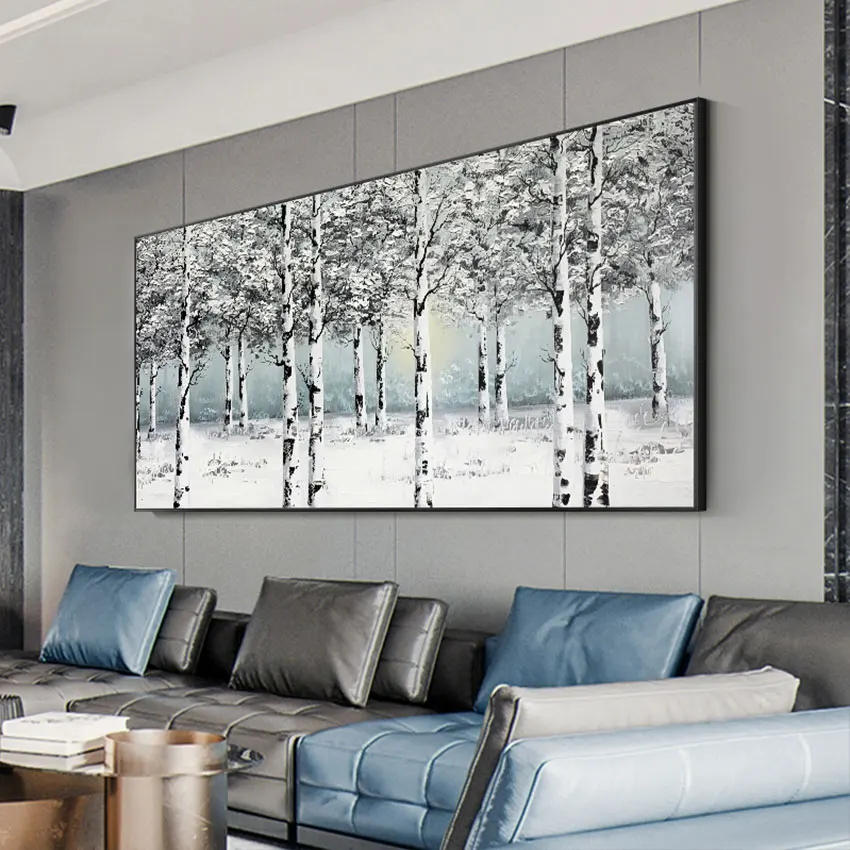 

Newest Unframed Forest Picture Wall Art On Canvas Hand Painted Oil Painting Birch Trees Canvas Painting For Hotel Hall Decor