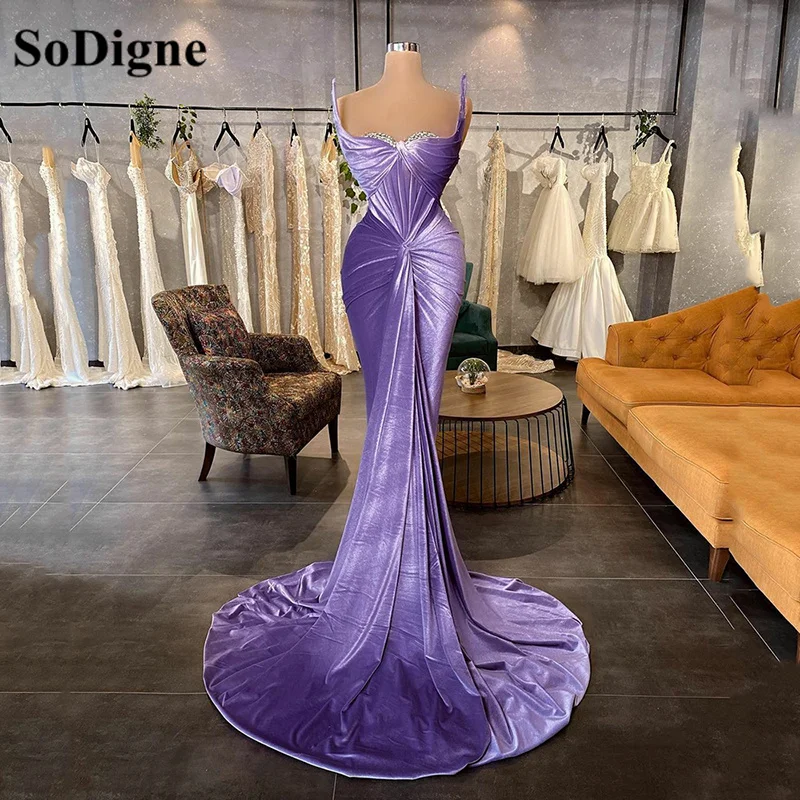

SoDigne Purple Velour Mermaid Prom Dresses Long Pleat Sequined Beads Spaghetti Straps Sweep Train Corset Evening Party Gowns